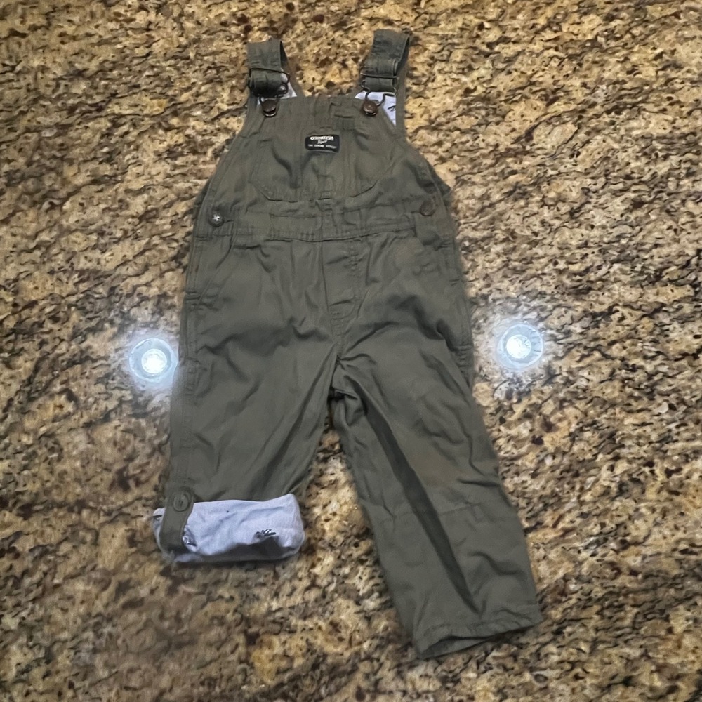 OshKosh Bgosh Toddler Boys Olive Green Canvas Overalls 2T Airplane Cuff Lining